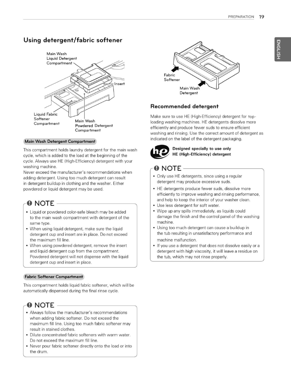 O note, Recommended detergent, Ro note | Using detergent/fabric softener | LG WT1201CW User Manual | Page 19 / 84