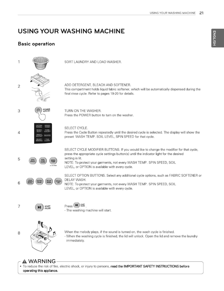 Using your washing machine, A warning, Basic operation | Warning | LG WT1201CW User Manual | Page 21 / 84