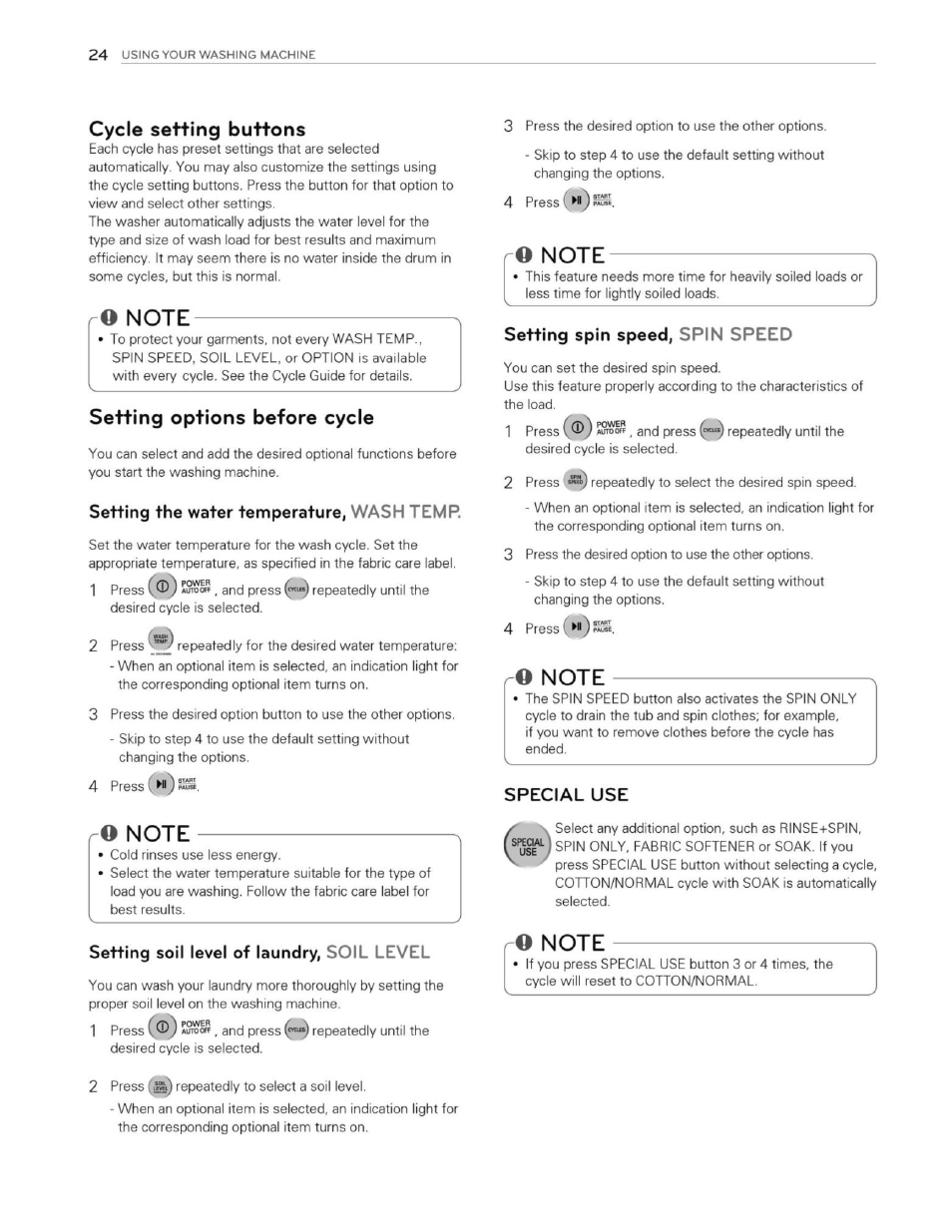 Setting the water temperature, wash temp, Setting soil level of laundry, soil level, Setting spin speed, spin speed | Special use, Cycle setting buttons, Setting options before cycle | LG WT1201CW User Manual | Page 24 / 84