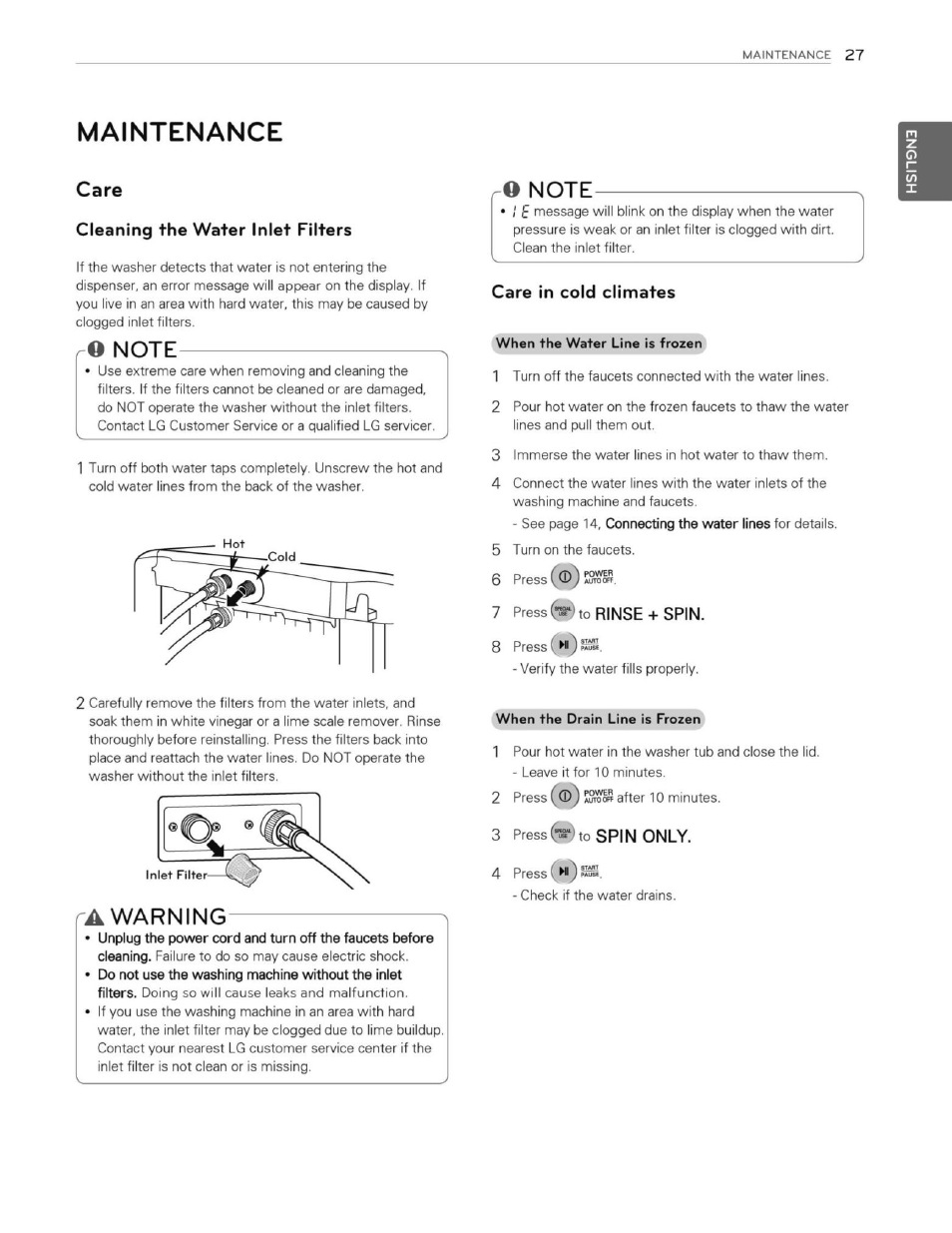 Maintenance, Care, Cleaning the water inlet filters | O note, A warning, Care in cold climates, Press to rinse + spin | LG WT1201CW User Manual | Page 27 / 84