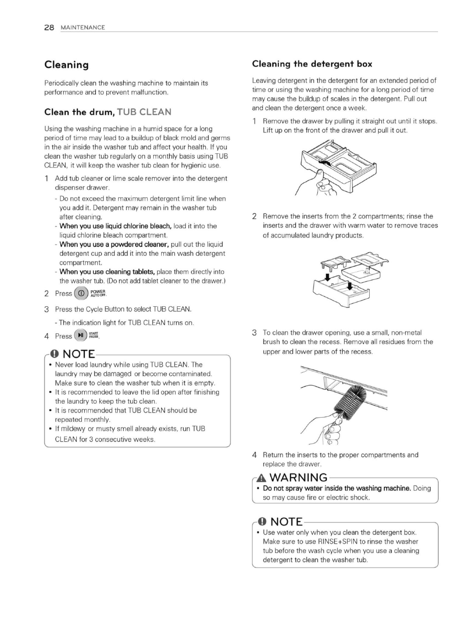 Cleaning, Clean the drum, tub clean, O note | Cleaning the detergent box, A warning, Ro note, Warning | LG WT1201CW User Manual | Page 28 / 84