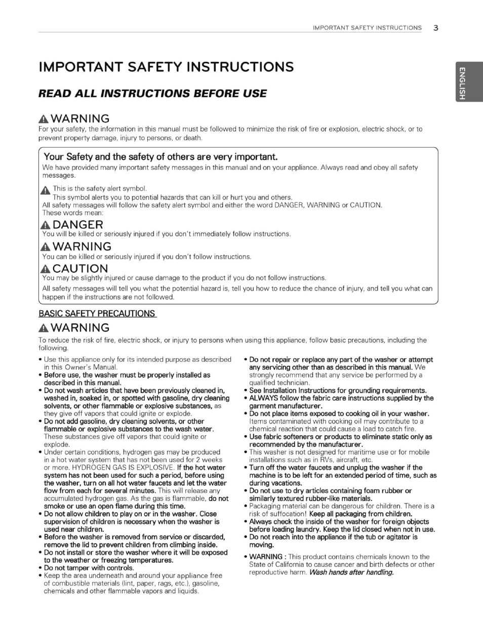 Important safety instructions, Read all instructions before use, Awarning | Adanger, A caution, Basic safety precautions, Read all instructions before use awarning, Caution | LG WT1201CW User Manual | Page 3 / 84