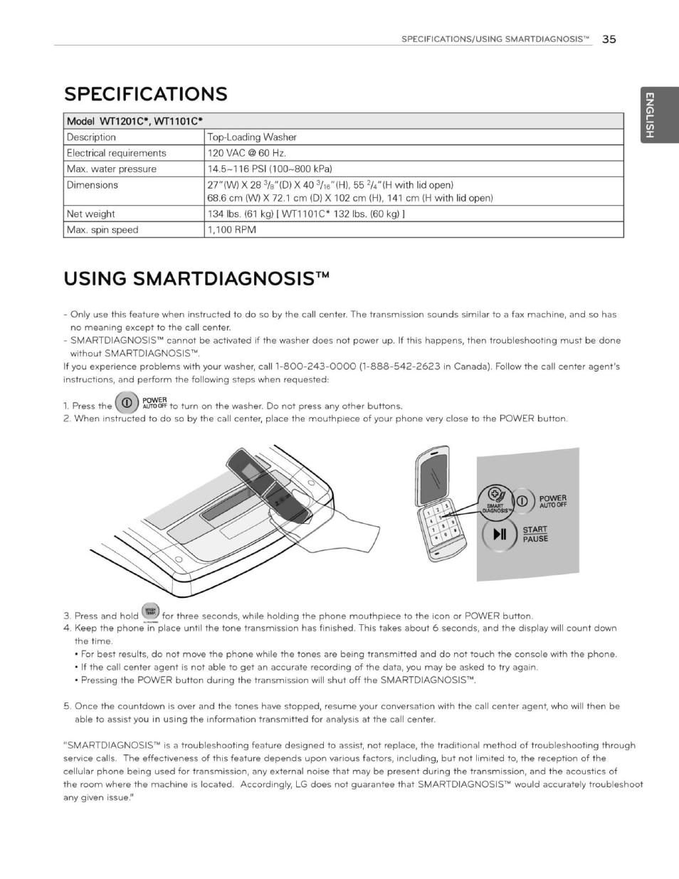 Specifications, Using smartdiagnosis | LG WT1201CW User Manual | Page 35 / 84