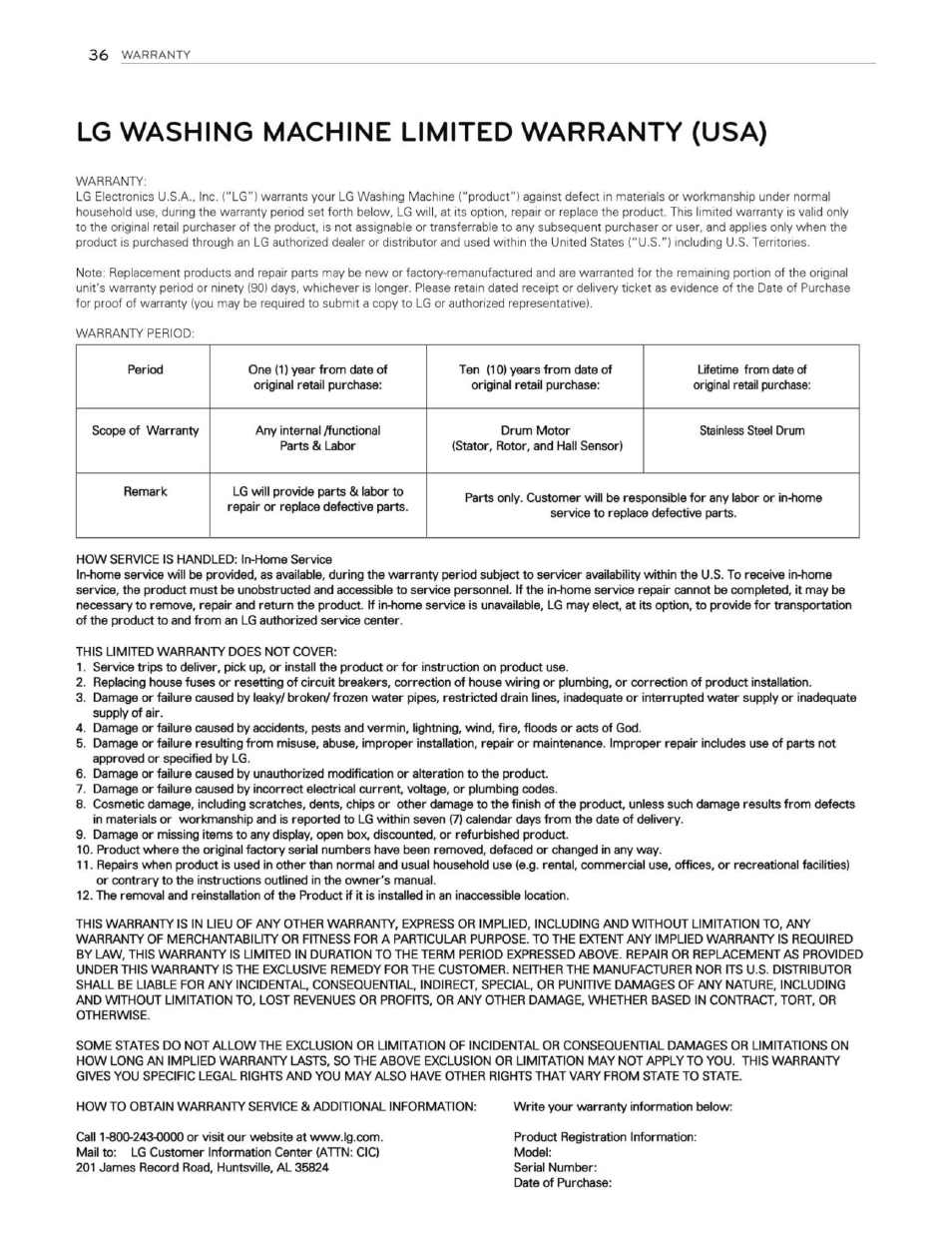 Lg washing machine limited warranty (usa) | LG WT1201CW User Manual | Page 36 / 84