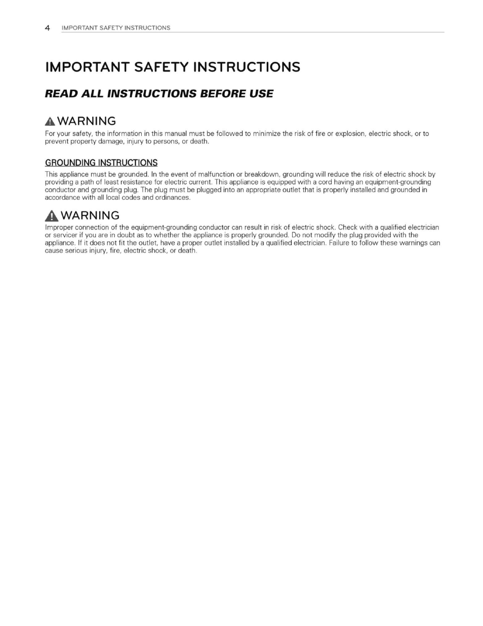 Important safety instructions, Read all instructions before use, Awarning | Grounding instructions, Read all instructions before use awarning | LG WT1201CW User Manual | Page 4 / 84