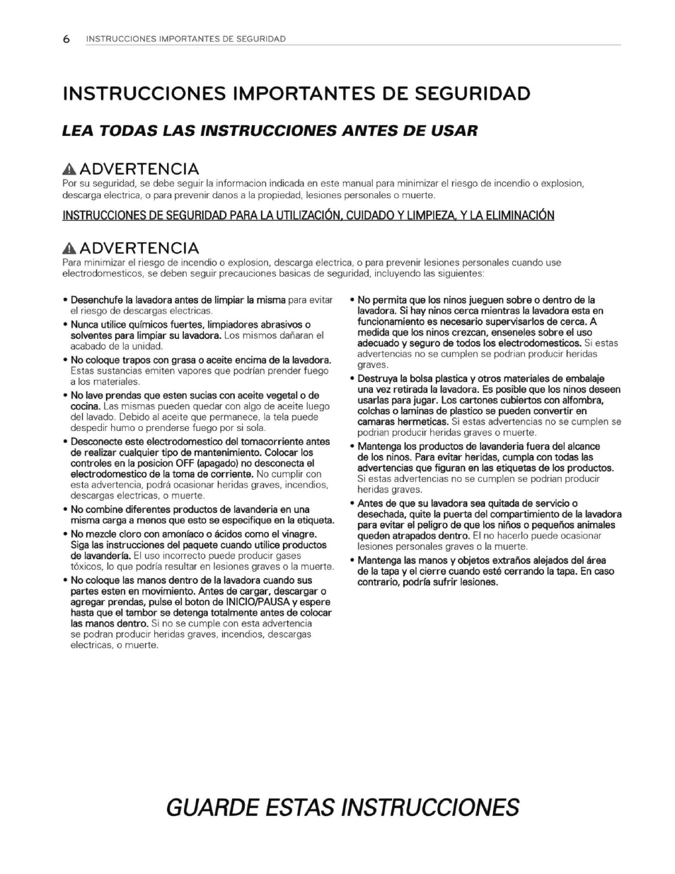 Instrucciones importantes de seguridad, Lea todas las instrucciones antes de usar, Aadvertencia | Guarde estas instrucciones | LG WT1201CW User Manual | Page 44 / 84