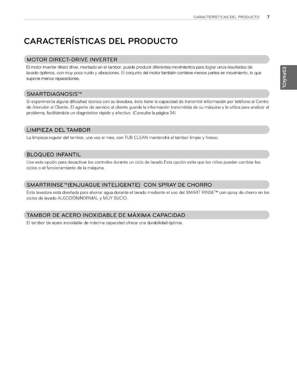 Caracteristicas del producto, Motor direct-drive inverter, Smartdiagnosis | Limpieza del tambor, Tambor de acero inoxidable de maxima capacidad | LG WT1201CW User Manual | Page 45 / 84