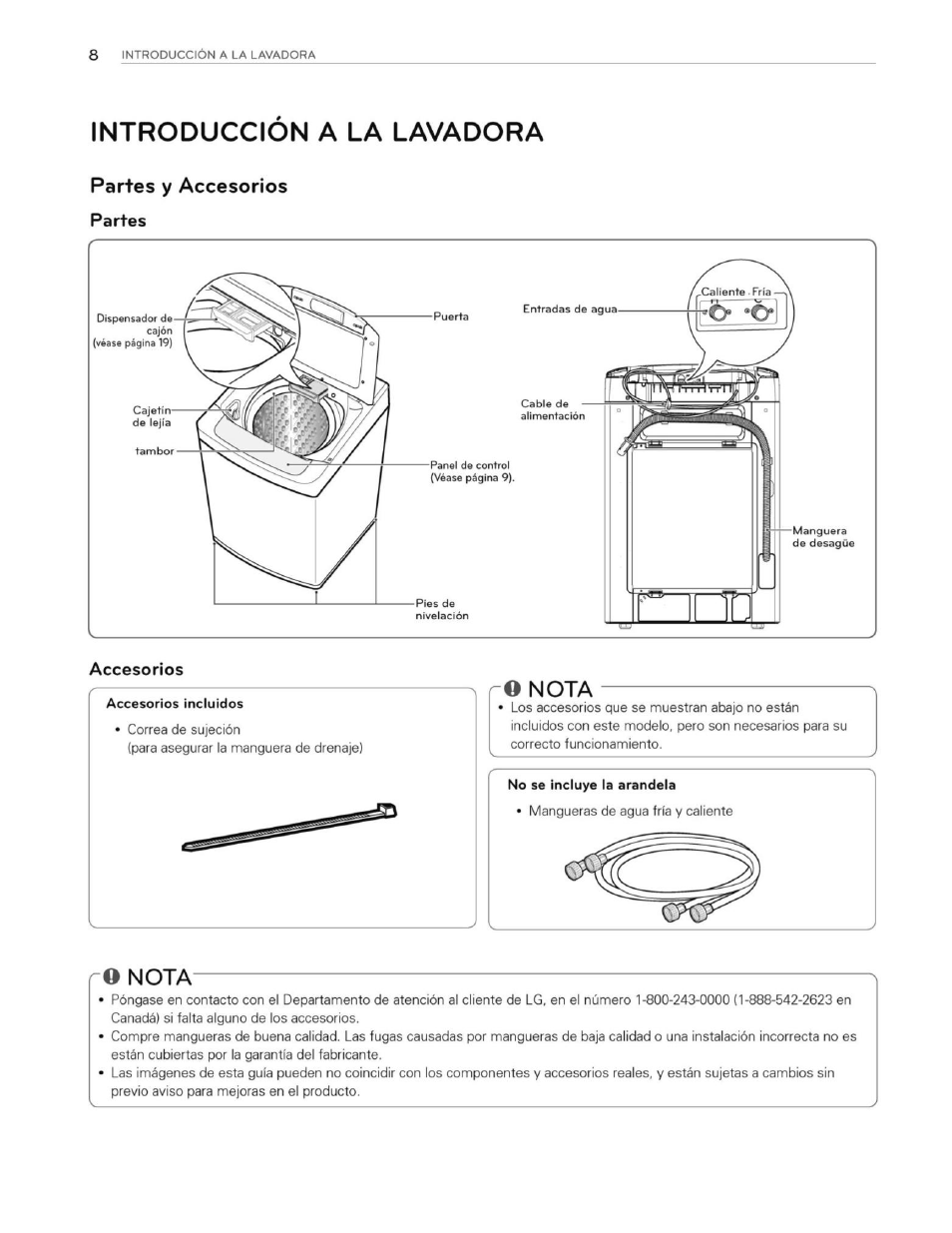 Introduccion a la lavadora, Accesorios, Partes y accesorios | Nota | LG WT1201CW User Manual | Page 46 / 84