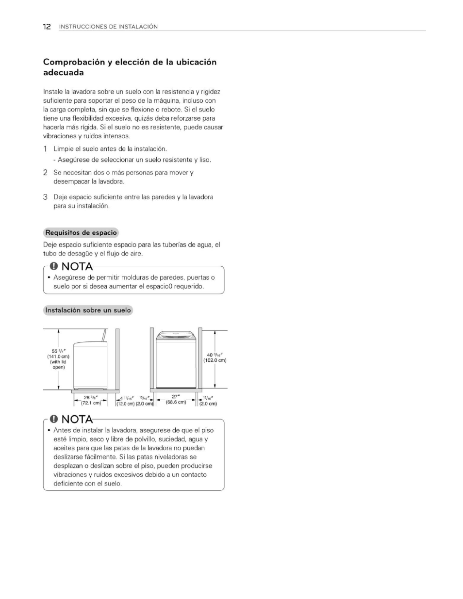 Comprobación y elección de la ubicación adecuada, Nota | LG WT1201CW User Manual | Page 50 / 84