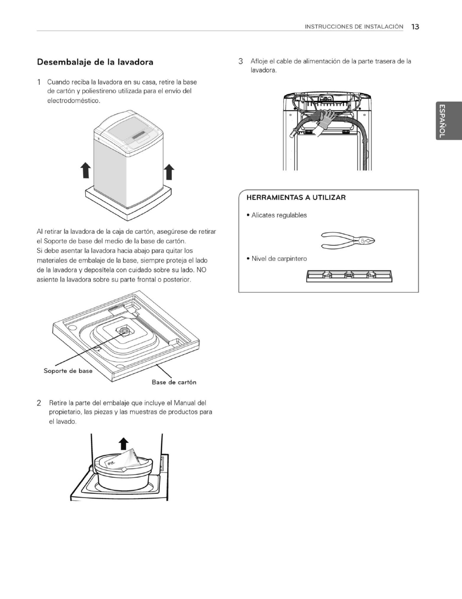 Desembalaje de la lavadora | LG WT1201CW User Manual | Page 51 / 84