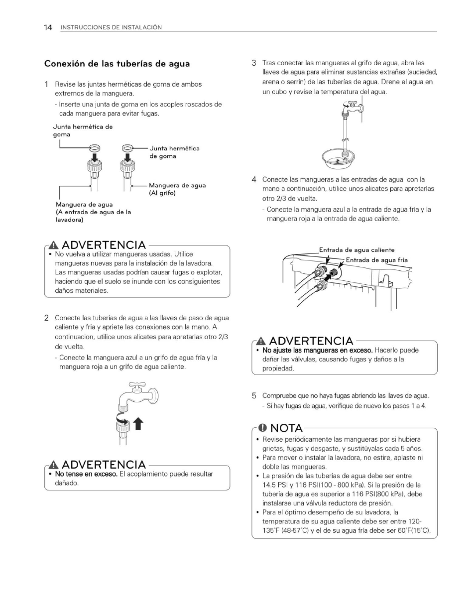 Conexión de las tuberías de agua, Advertencia, Nota | LG WT1201CW User Manual | Page 52 / 84