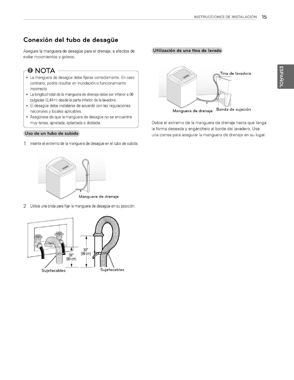 Conexión del tubo de desagüe, Nota | LG WT1201CW User Manual | Page 53 / 84