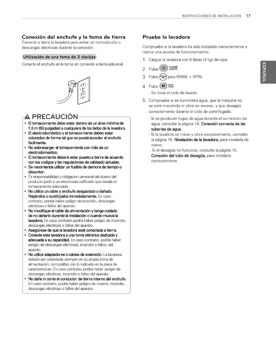 Conexión del enchufe y la toma de tierra, Ra precaucion, Pruebe la lavadora | LG WT1201CW User Manual | Page 55 / 84