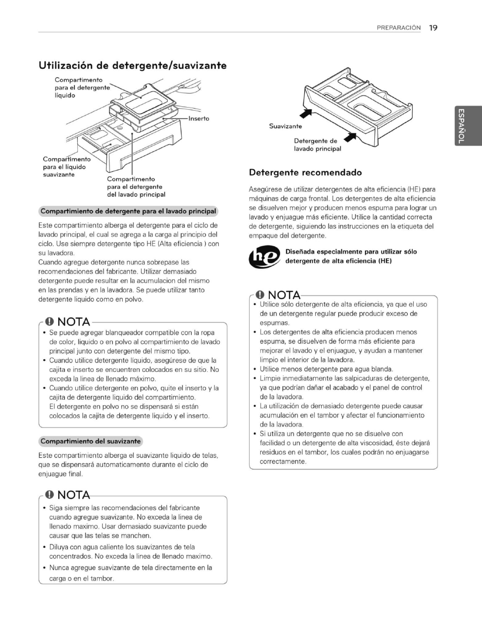 Ro nota, Detergente recomendado, O nota | O notar, Utilización de detergente/suavizante, Nota, Notar | LG WT1201CW User Manual | Page 57 / 84