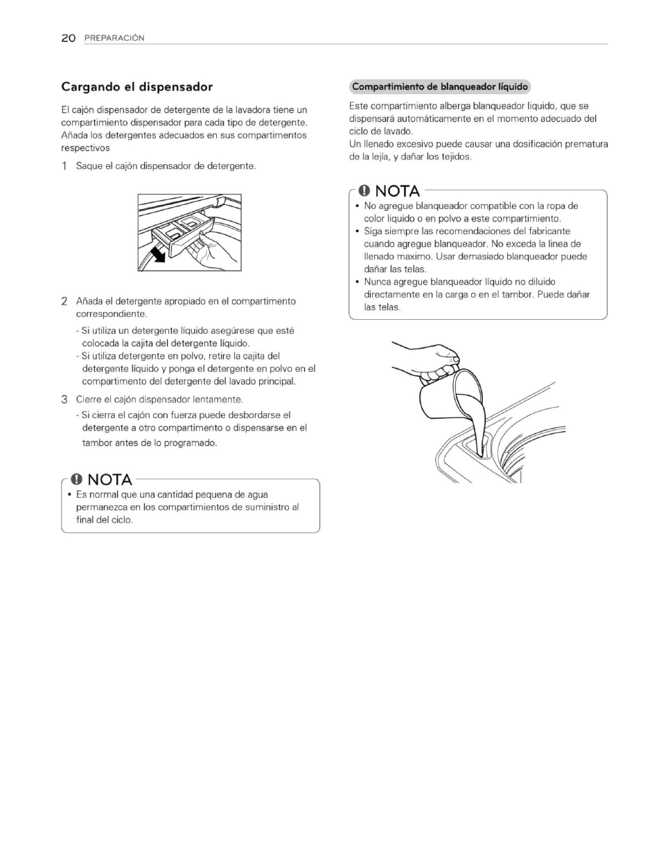 Cargando el dispensador, O nota, Nota | LG WT1201CW User Manual | Page 58 / 84