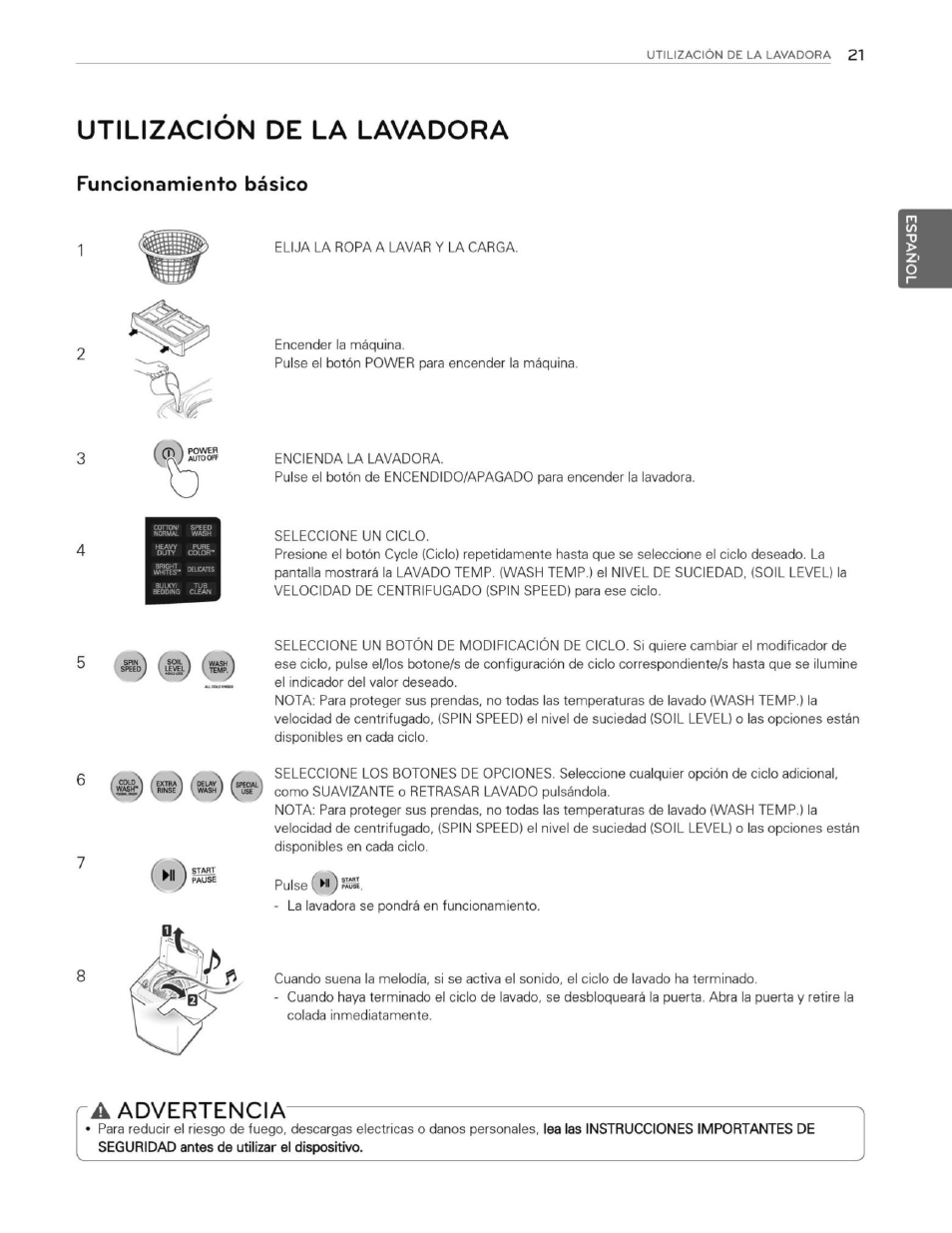 Utilizacion de la lavadora, A advertencia, Funcionamiento básico | Advertencia | LG WT1201CW User Manual | Page 59 / 84
