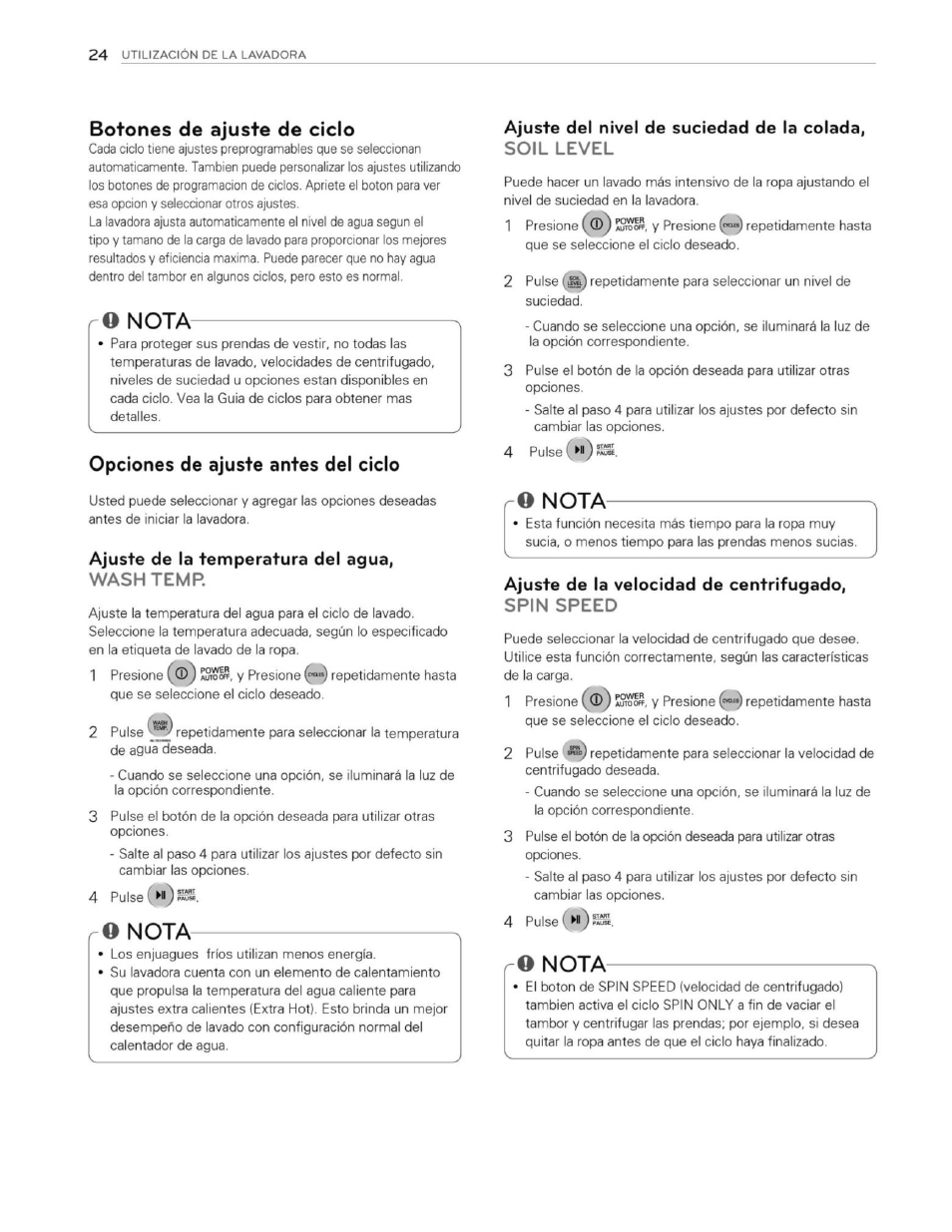 Ajuste de la temperatura del agua, washtemr, Ajuste de la velocidad de centrifugado, spin speed, Botones de ajuste de ciclo | Q nota, Opciones de ajuste antes del ciclo, Nota | LG WT1201CW User Manual | Page 62 / 84