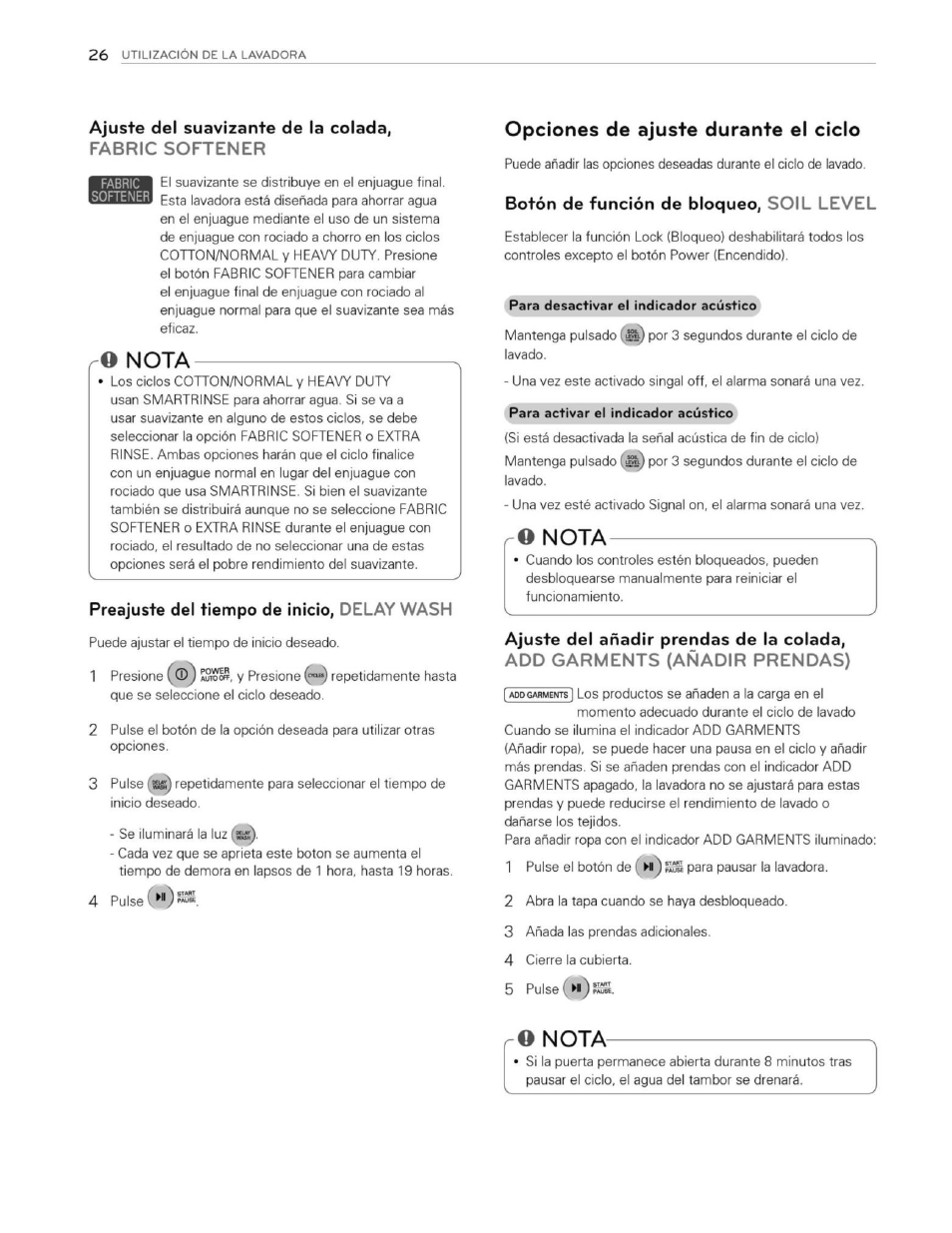 Botón de función de bloqueo, soil level, Nota, Opciones de ajuste durante el ciclo | O nota | LG WT1201CW User Manual | Page 64 / 84