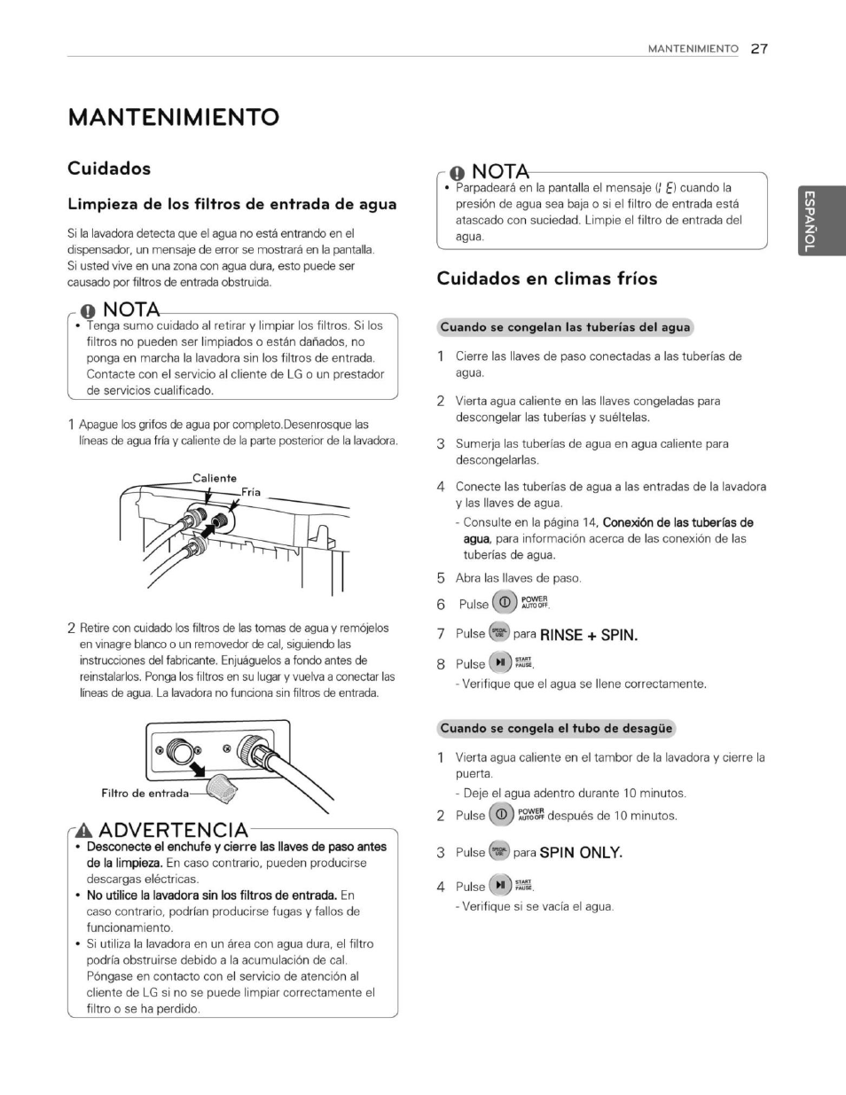 Mantenimiento, Limpieza de los filtros de entrada de agua, Cuidados | Nota, Advertencia, Notar, Cuidados en climas fríos | LG WT1201CW User Manual | Page 65 / 84