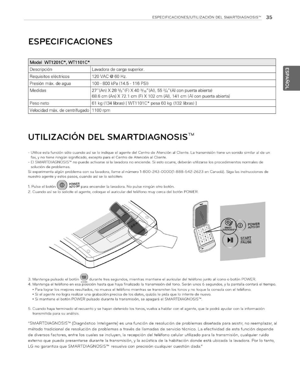 Especificaciones, Utilizacion del smartdiagnosis, Airrooff | LG WT1201CW User Manual | Page 73 / 84