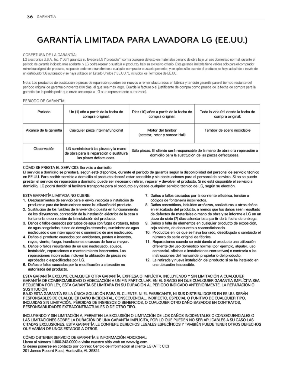 Garantía limitada para lavadora lg (ee.uu.) | LG WT1201CW User Manual | Page 74 / 84