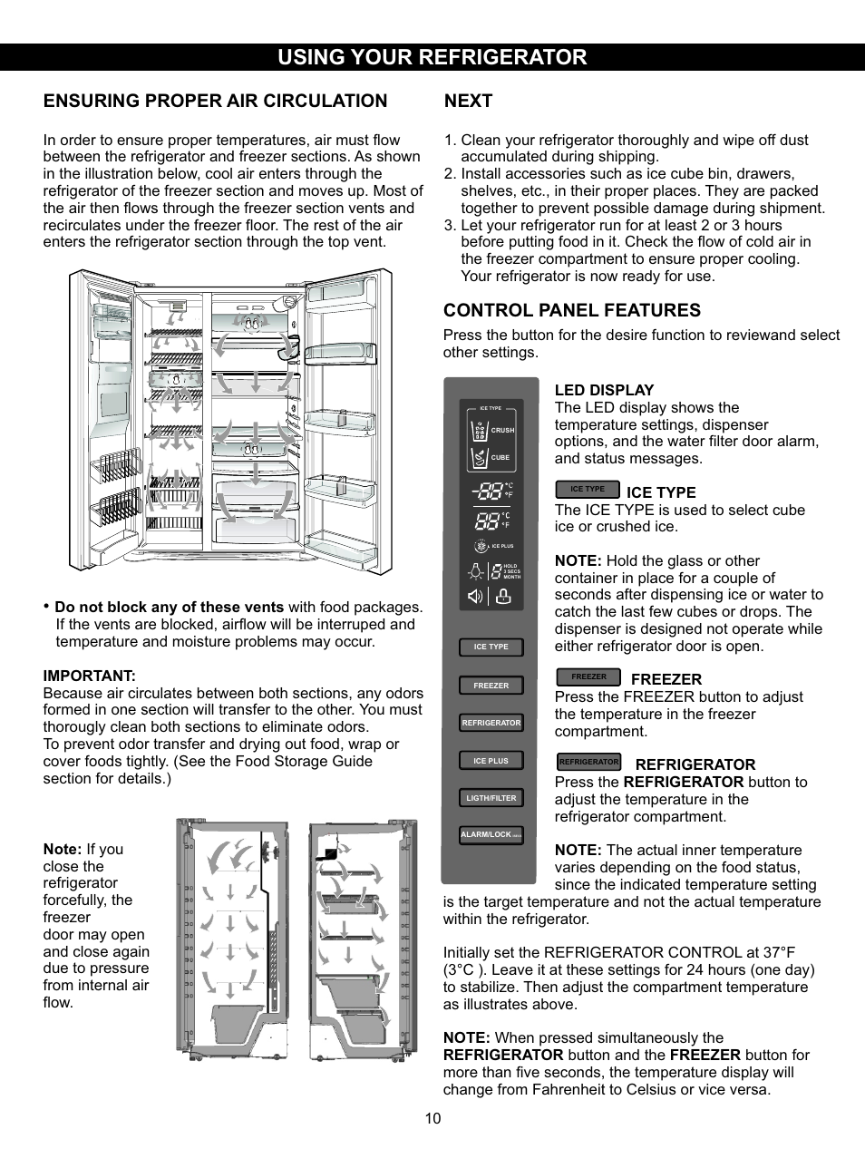 Using your refrigerator, Next, Ensuring proper air circulation | Control panel features | LG LSC27931SW User Manual | Page 10 / 29