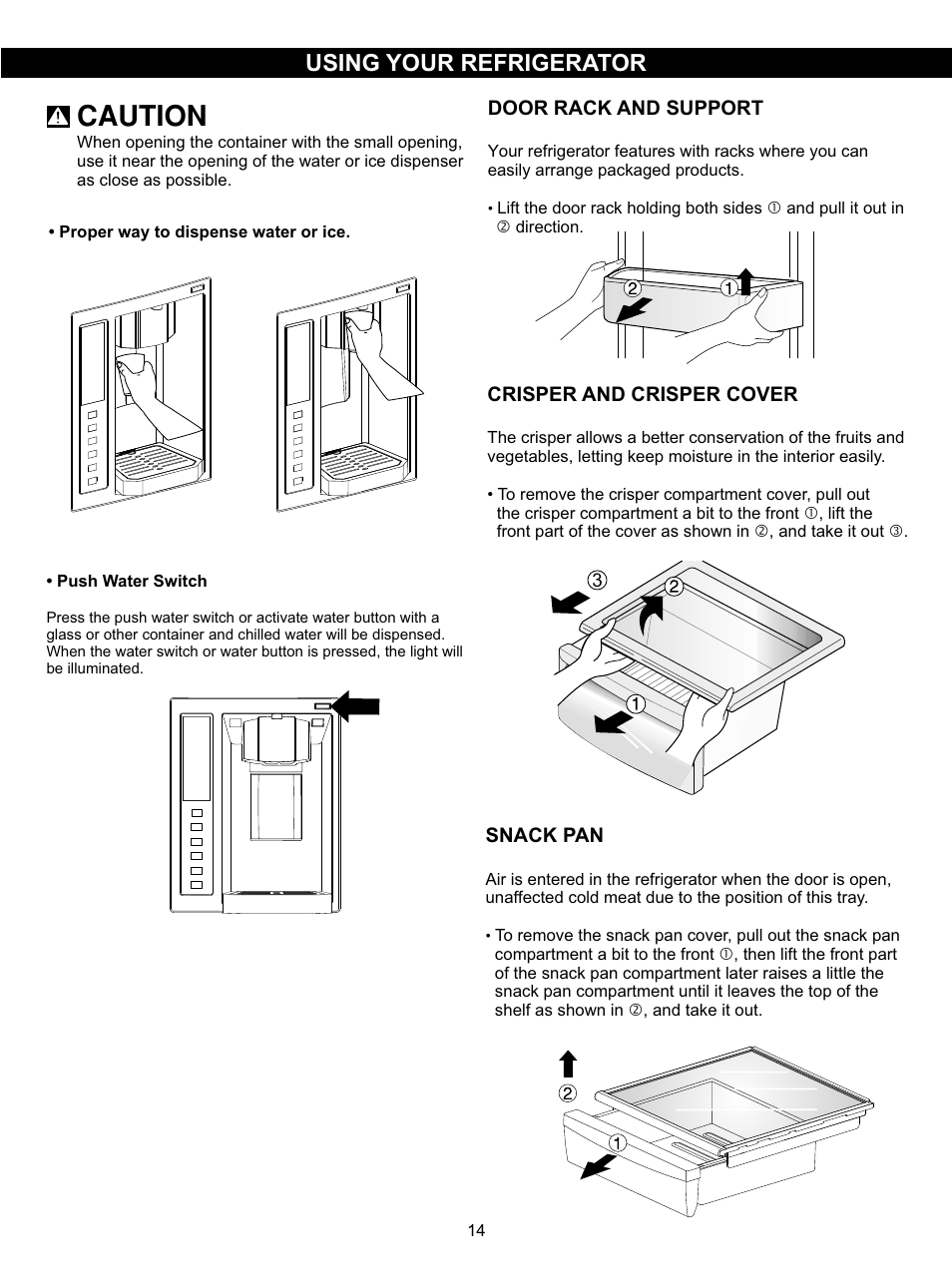 Caution, Using your refrigerator | LG LSC27931SW User Manual | Page 14 / 29