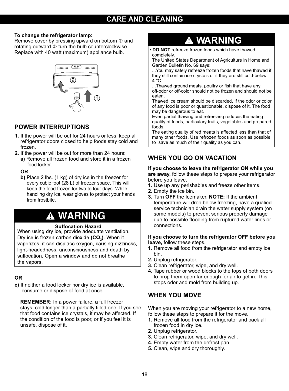 Warning, Care and cleaning | LG LSC27931SW User Manual | Page 18 / 29