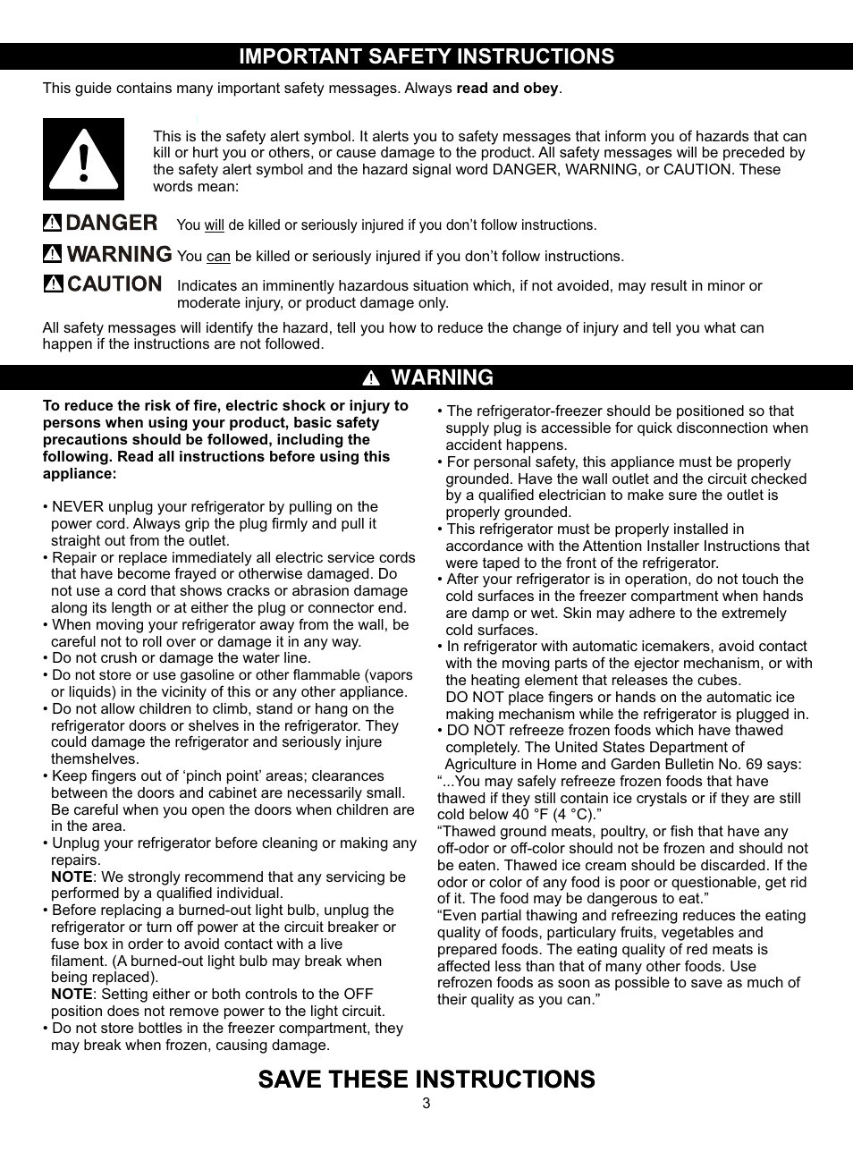 Save these instructions, Important safety instructions warning | LG LSC27931SW User Manual | Page 3 / 29