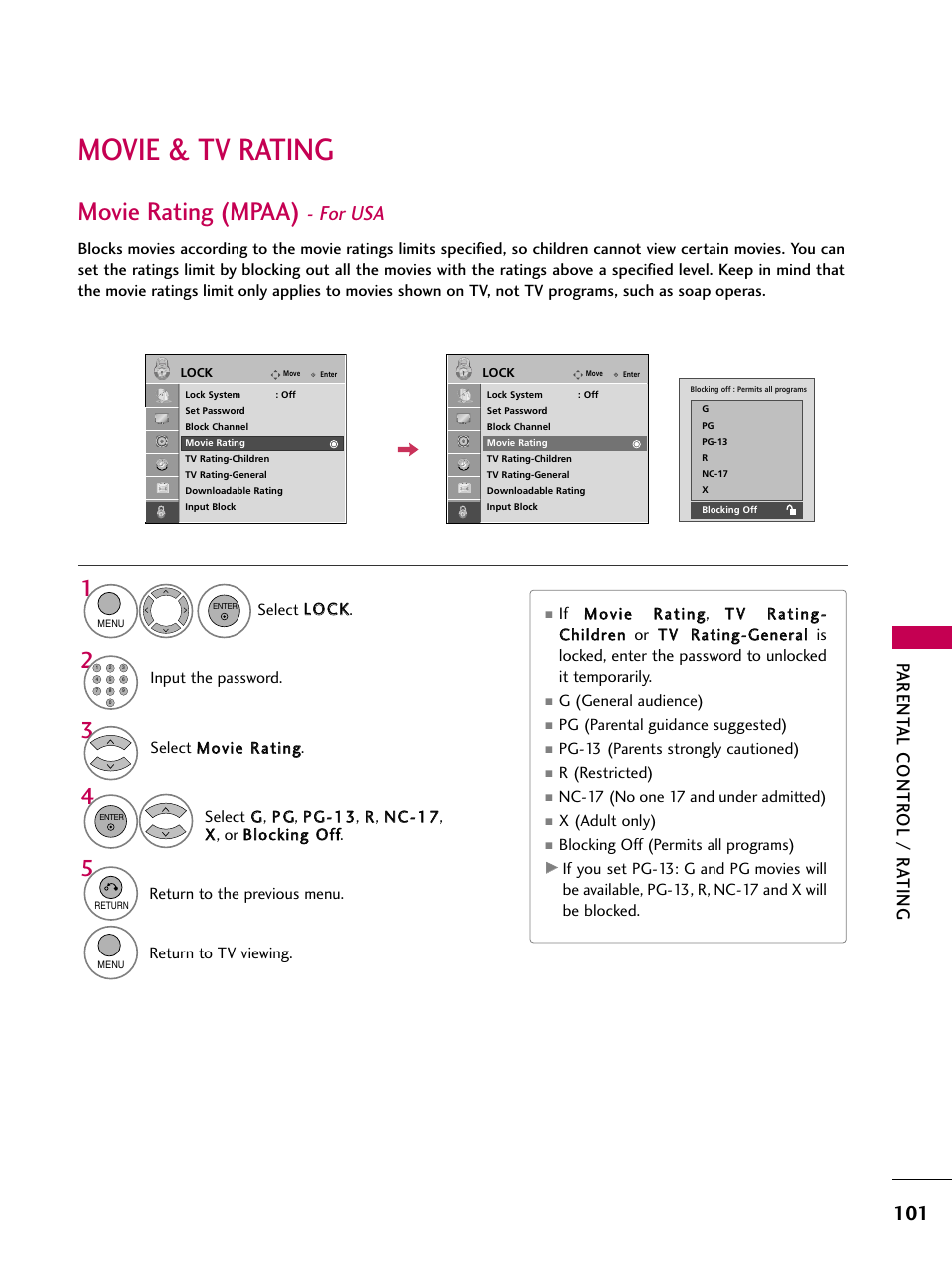 Movie & tv rating, Movie rating (mpaa) - for usa, Movie rating (mpaa) | For usa, Parent al contr ol / r ating | LG 32LH30 User Manual | Page 101 / 136