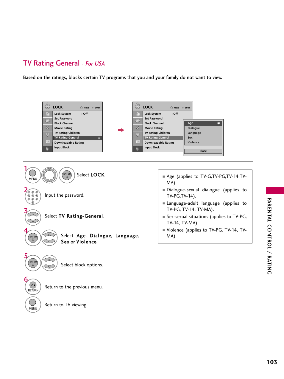 Tv rating general - for usa, Tv rating general, For usa | Parent al contr ol / r ating | LG 32LH30 User Manual | Page 103 / 136