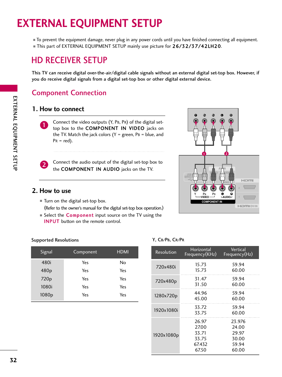 External equipment setup, Hd receiver setup, Component connection | How to connect, How to use, External eq uipment setup | LG 32LH30 User Manual | Page 32 / 136