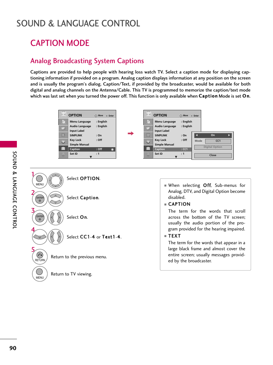 Caption mode, Analog broadcasting system captions, Sound & language control | Sound & langu a ge contr ol | LG 32LH30 User Manual | Page 90 / 136