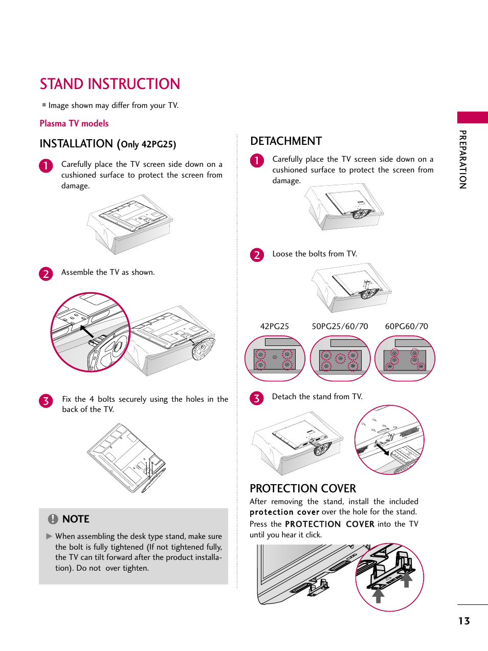 Stand instruction, Installation, Detachment | Protection cover | LG 42LG30-UD User Manual | Page 15 / 152