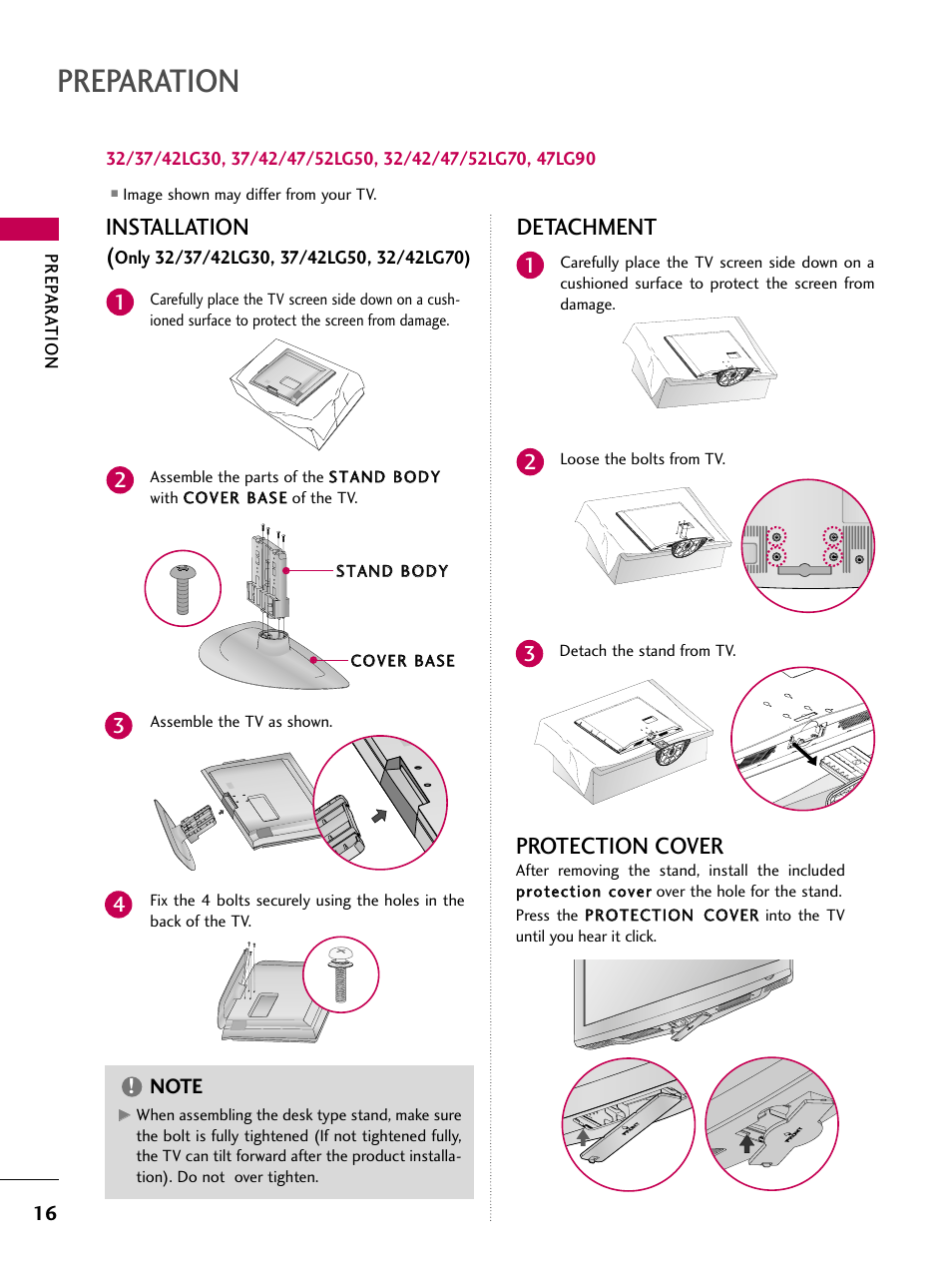 Preparation, Installation, Detachment | Protection cover | LG 42LG30-UD User Manual | Page 18 / 152
