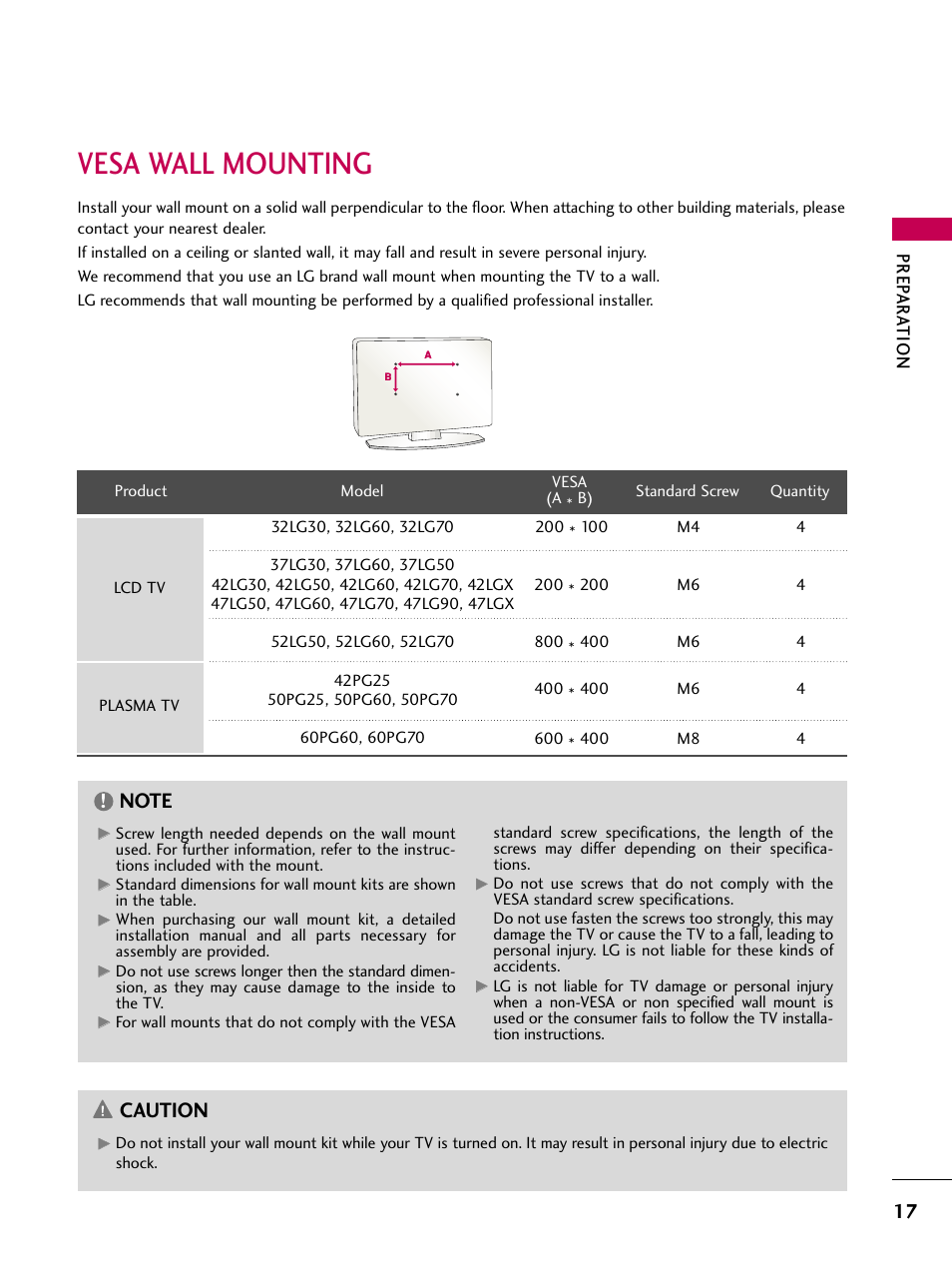 Vesa wall mounting, Caution, Prep ar at ion | LG 42LG30-UD User Manual | Page 19 / 152