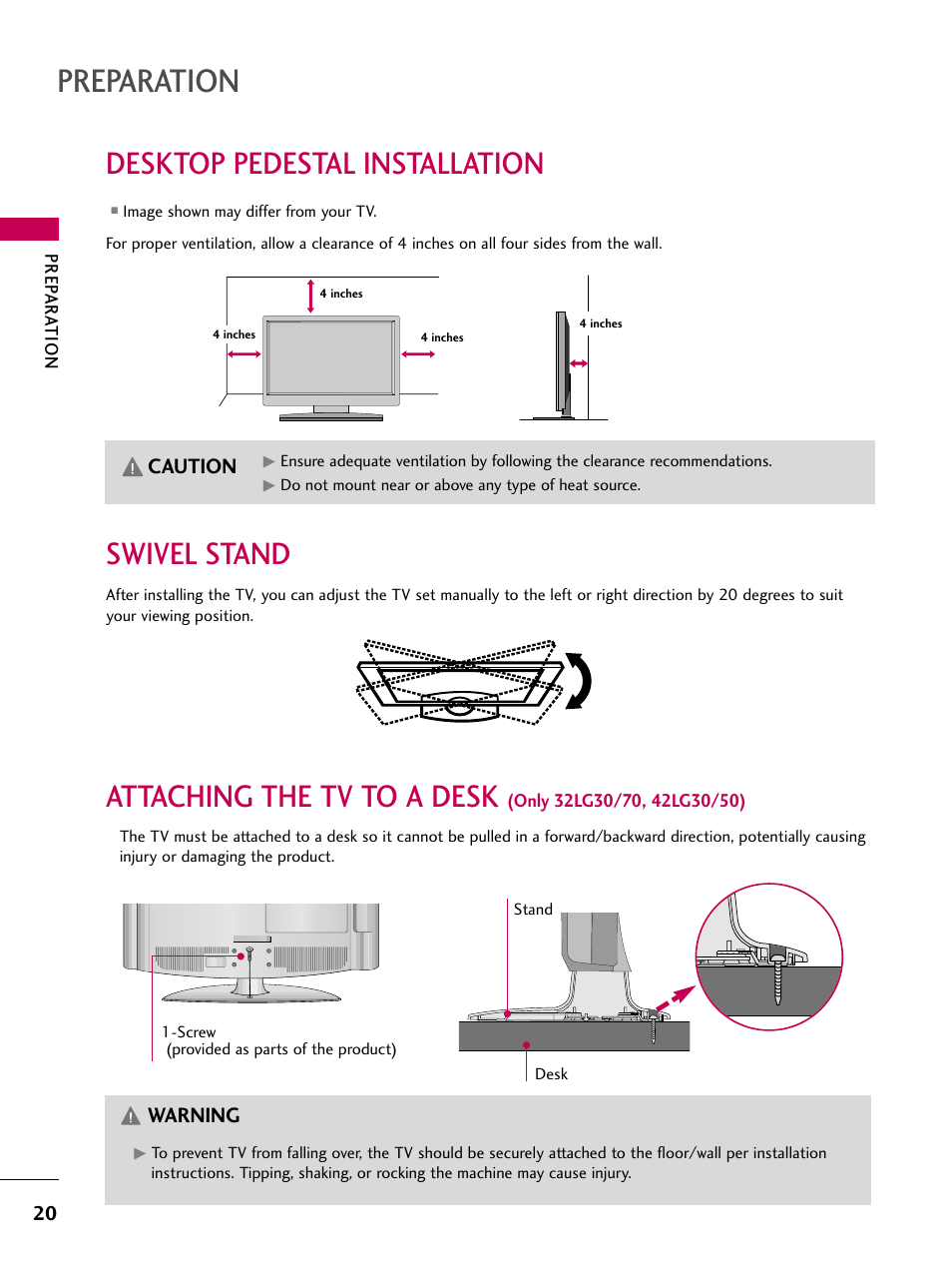 Desktop pedestal installation, Swivel stand, Attaching the tv to a desk | Preparation, Caution, Warning | LG 42LG30-UD User Manual | Page 22 / 152
