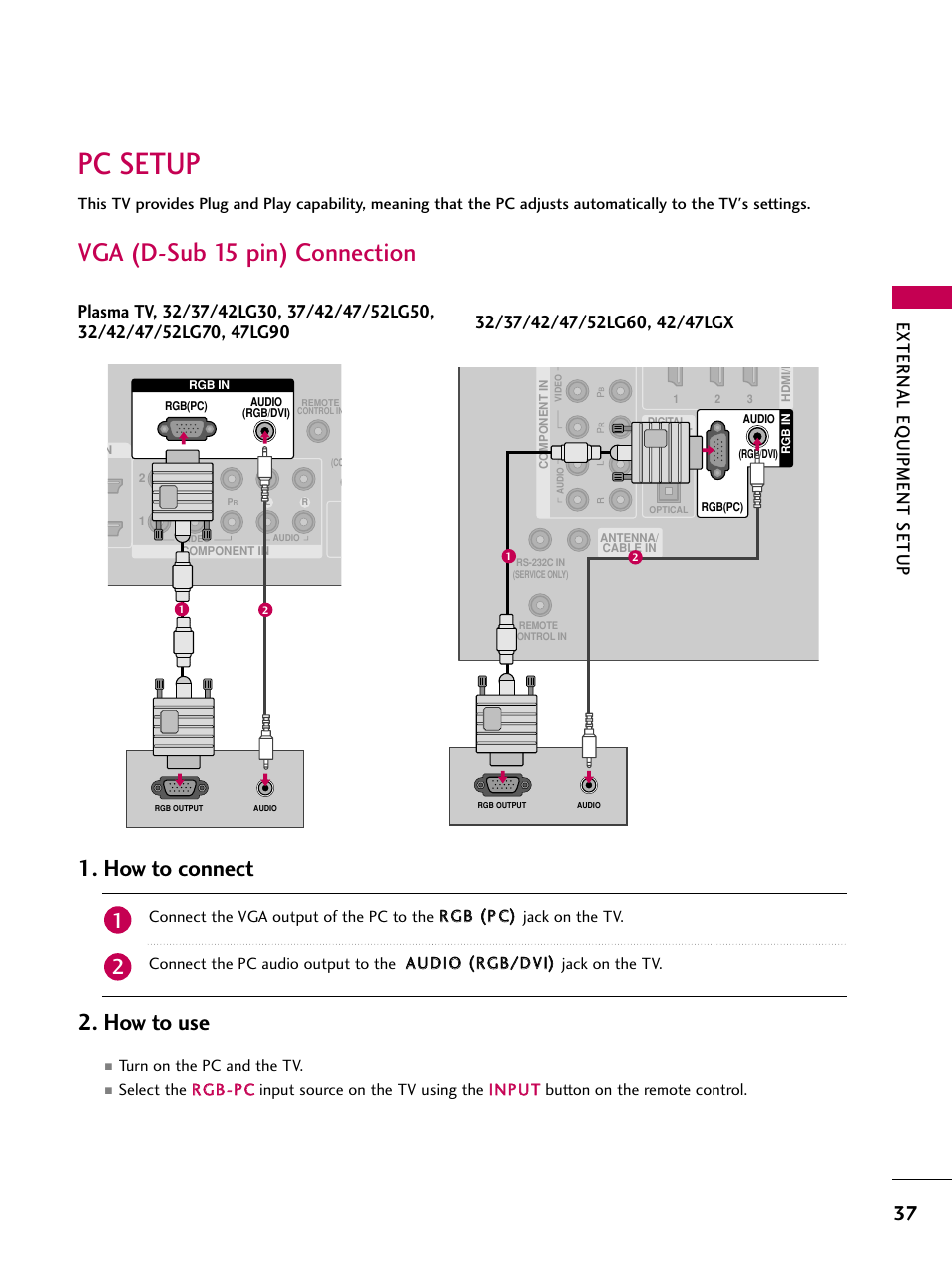 Pc setup, Vga (d-sub 15 pin) connection, How to connect 2. how to use | External eq uipment setup | LG 42LG30-UD User Manual | Page 39 / 152
