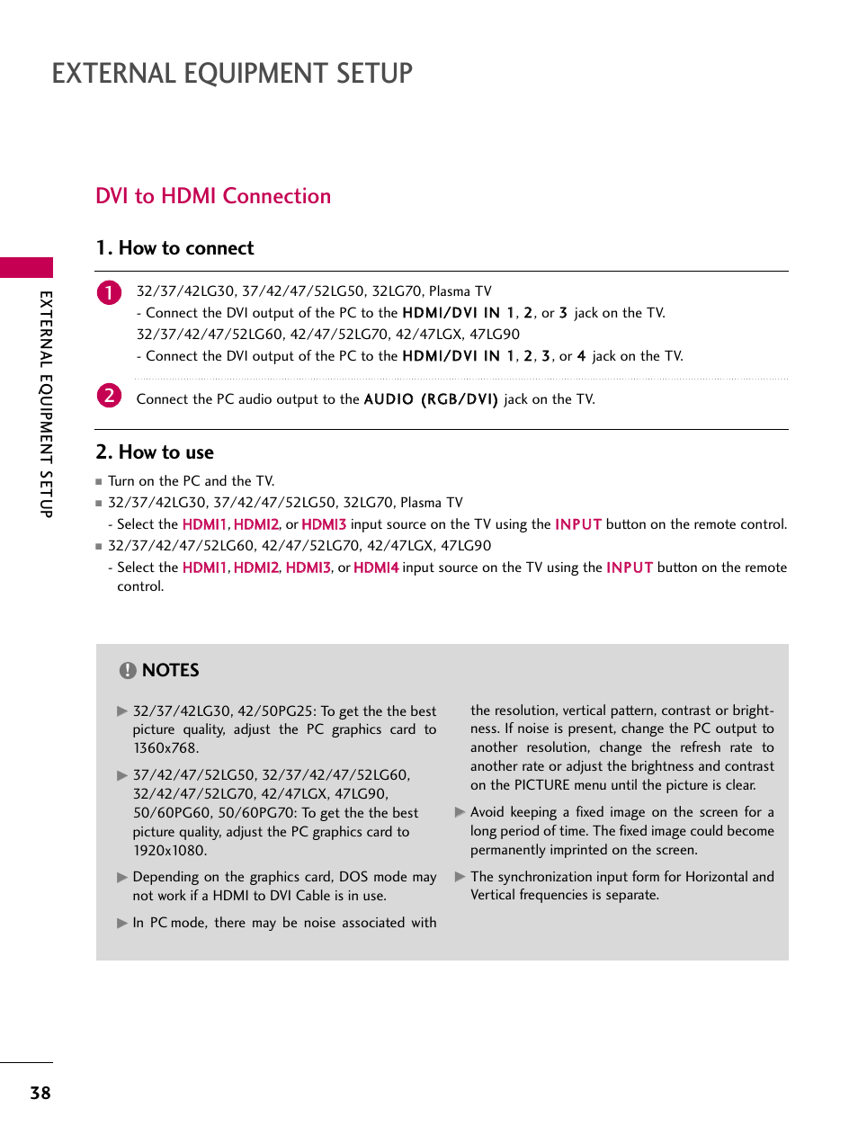 Dvi to hdmi connection, External equipment setup, How to connect | How to use | LG 42LG30-UD User Manual | Page 40 / 152
