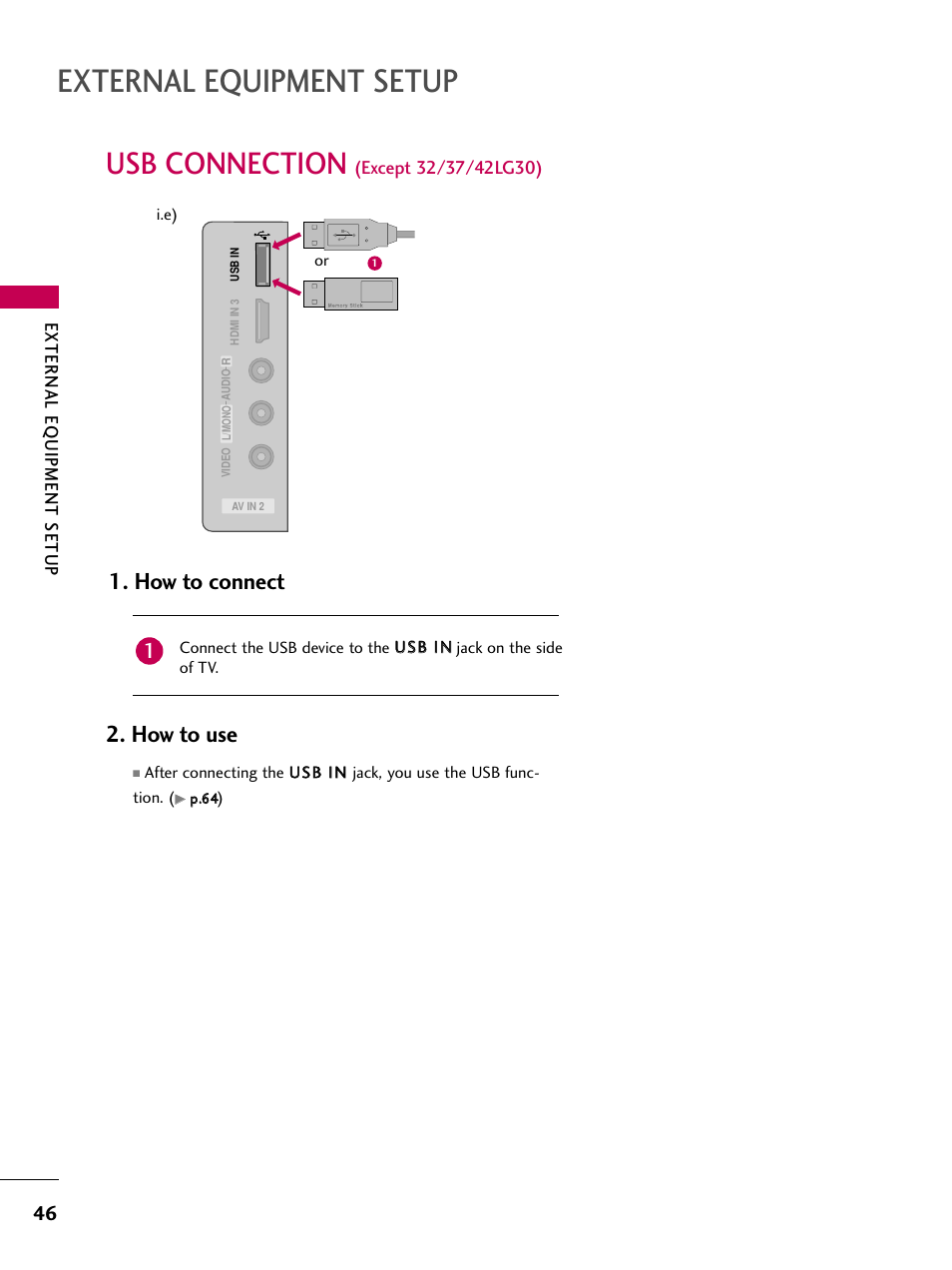 Usb connection, External equipment setup, How to connect | How to use | LG 42LG30-UD User Manual | Page 48 / 152