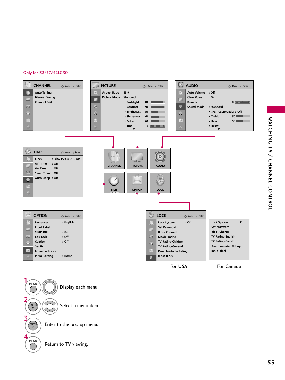 Watching tv / channel contr ol, Return to tv viewing, For usa for canada | LG 42LG30-UD User Manual | Page 57 / 152
