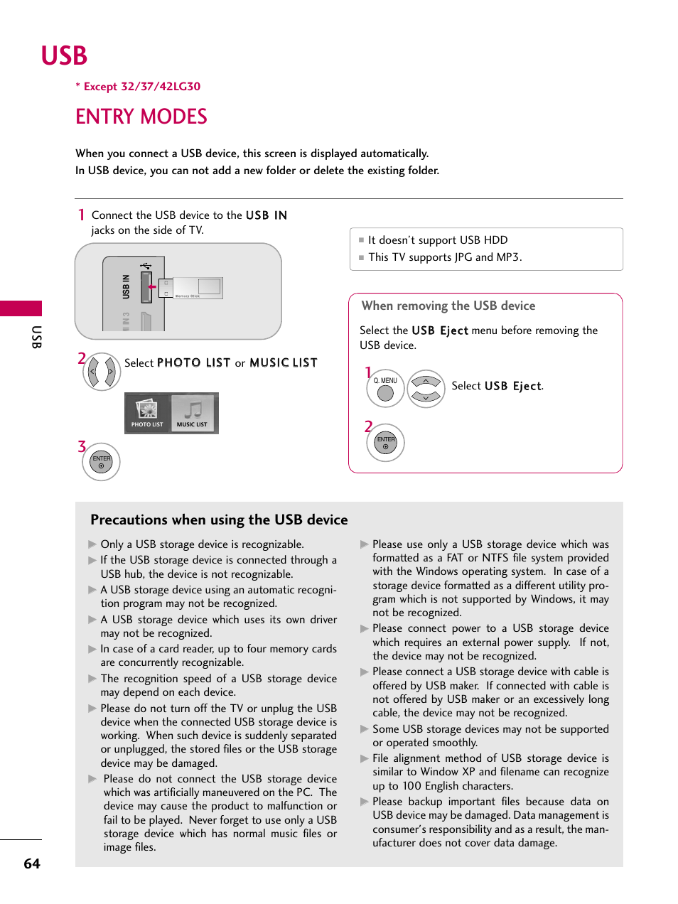 Entry modes, Precautions when using the usb device, When removing the usb device | LG 42LG30-UD User Manual | Page 66 / 152