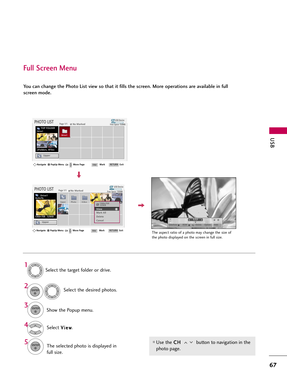 Full screen menu, Photo list | LG 42LG30-UD User Manual | Page 69 / 152