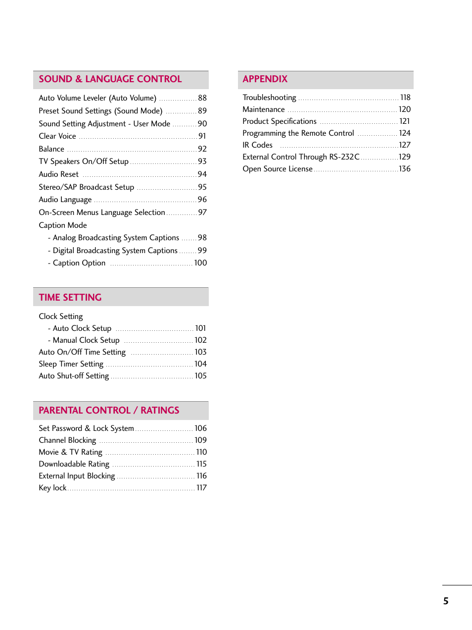 5sound & language control, Time setting, Parental control / ratings | Appendix | LG 42LG30-UD User Manual | Page 7 / 152