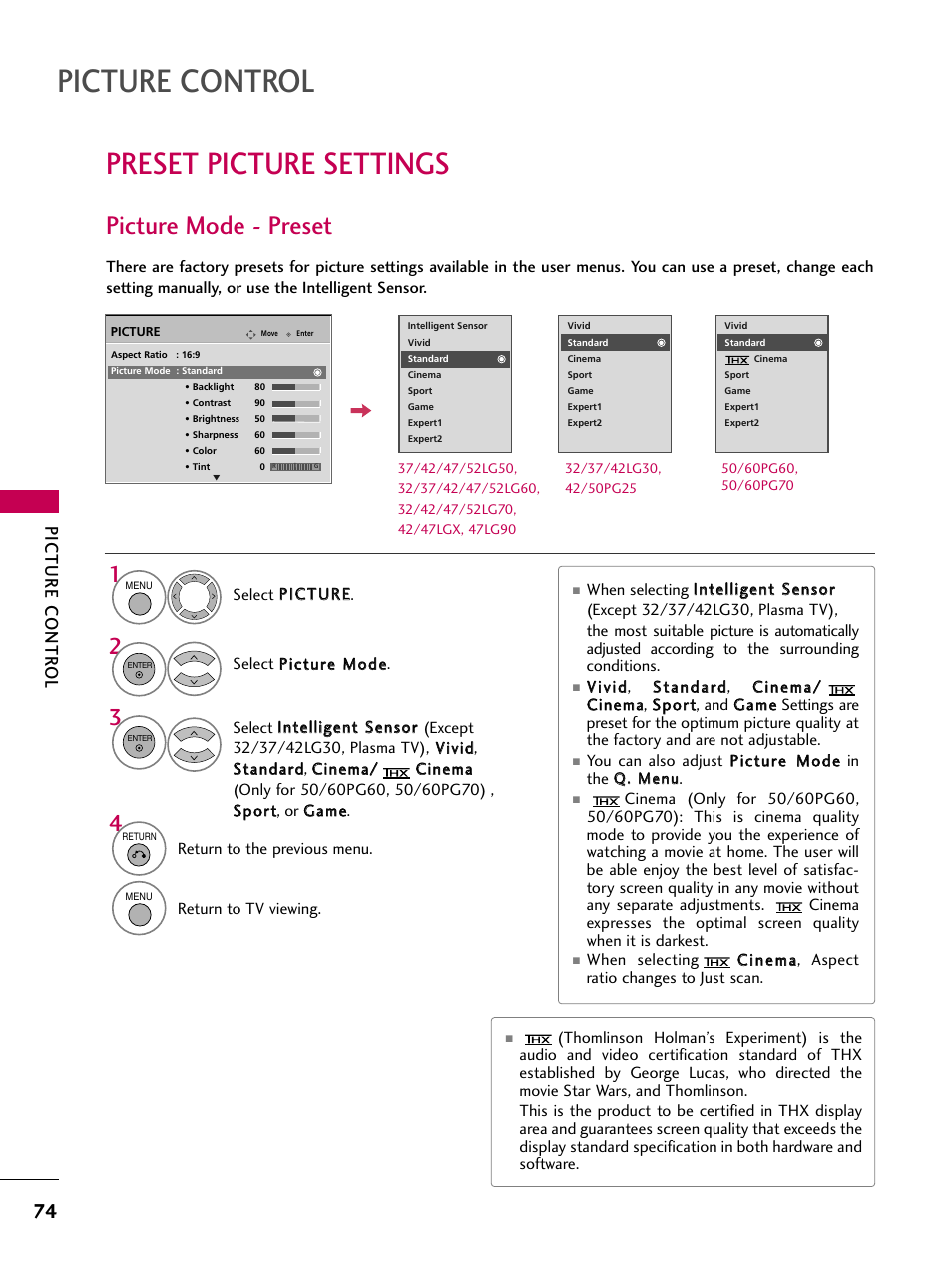 Preset picture settings, Picture mode - preset, Picture control | Picture contr ol | LG 42LG30-UD User Manual | Page 76 / 152