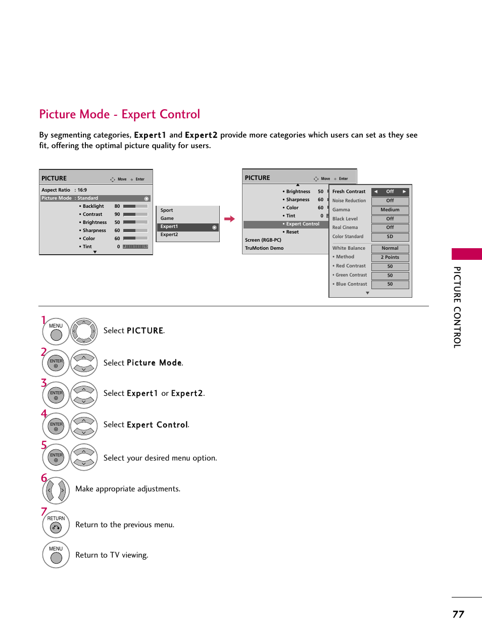 Picture mode - expert control, Picture contr ol, Make appropriate adjustments | Return to the previous menu, Return to tv viewing | LG 42LG30-UD User Manual | Page 79 / 152