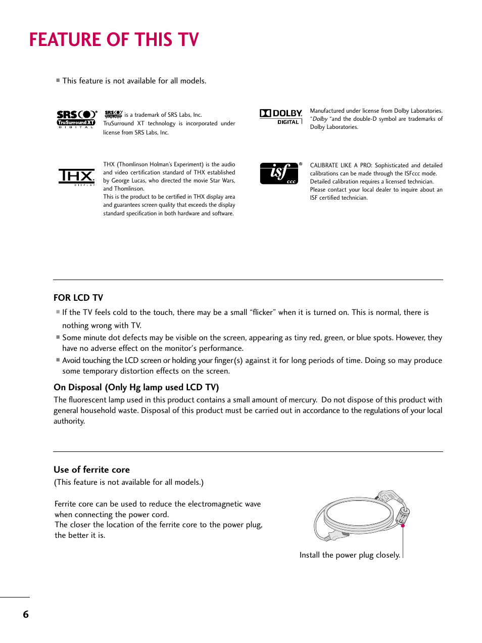 Feature of this tv, For lcd tv, On disposal (only hg lamp used lcd tv) | Use of ferrite core | LG 42LG30-UD User Manual | Page 8 / 152