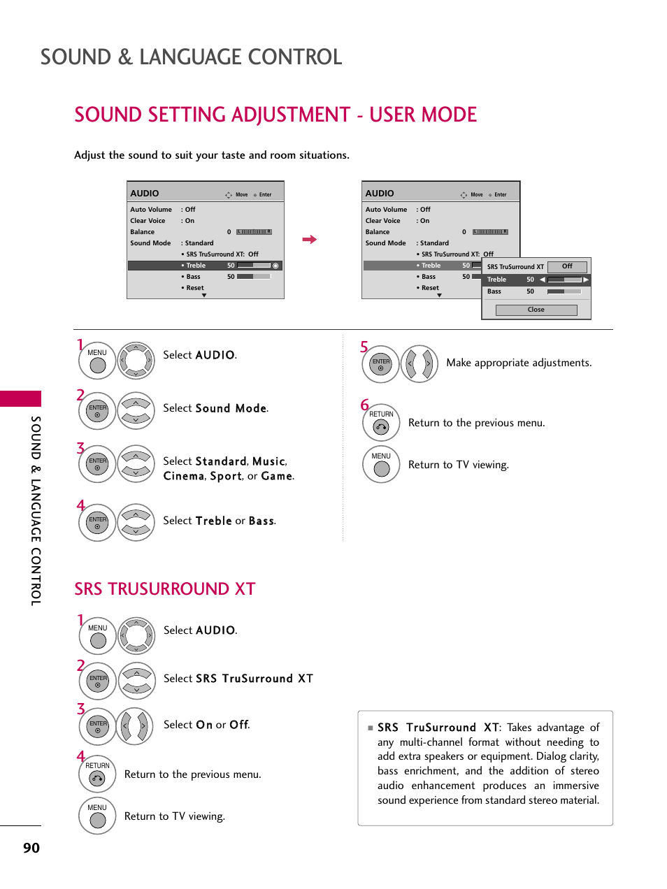 Sound setting adjustment - user mode, Sound & language control, Srs trusurround xt | Sound & langu a ge contr ol | LG 42LG30-UD User Manual | Page 92 / 152