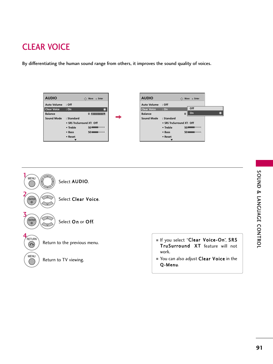 Clear voice, Sound & langu a ge contr ol | LG 42LG30-UD User Manual | Page 93 / 152