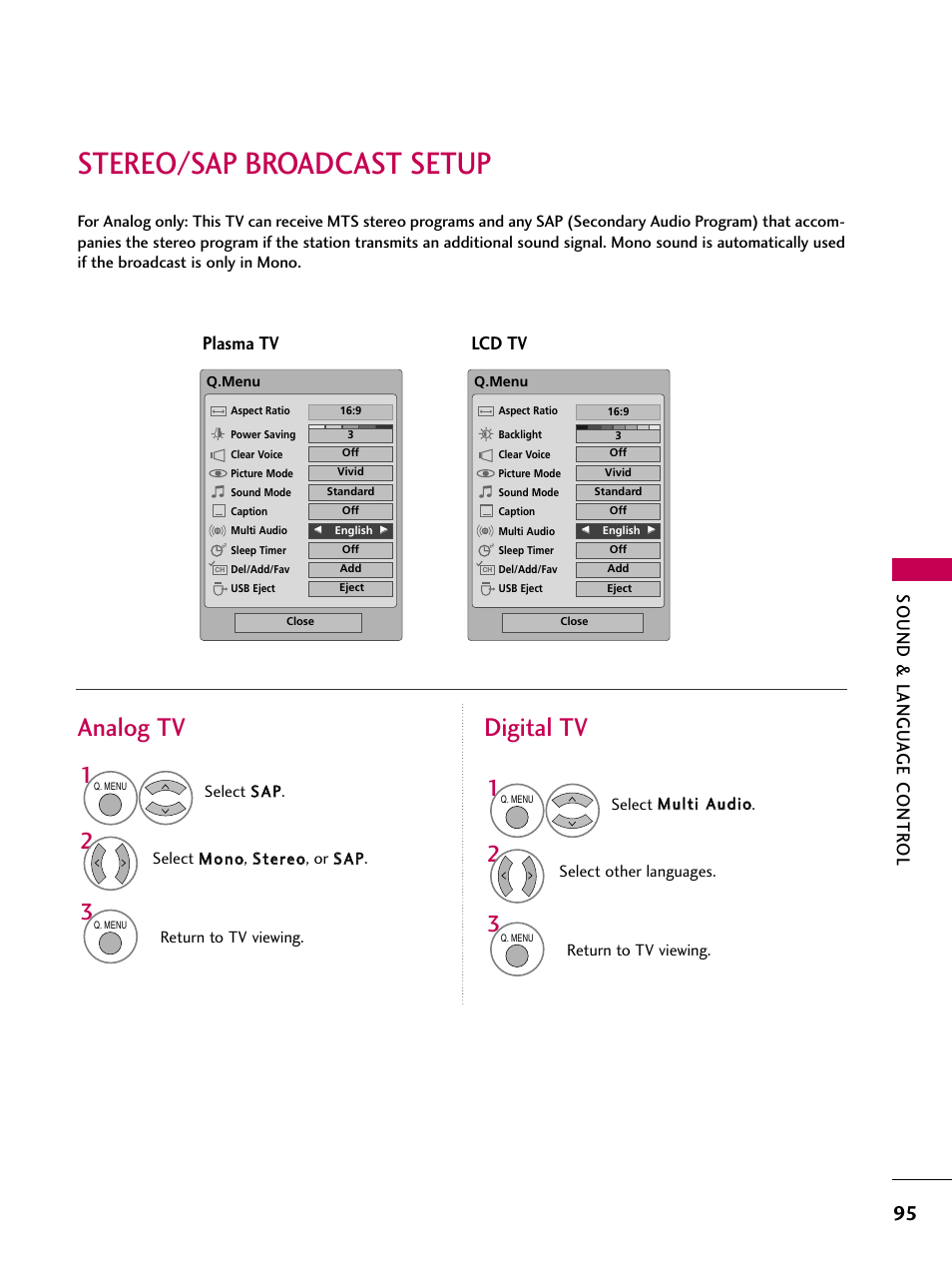 Stereo/sap broadcast setup, Analog tv digital tv, Sound & langu a ge contr ol | Lcd tv plasma tv | LG 42LG30-UD User Manual | Page 97 / 152